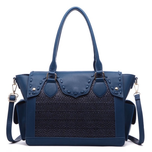 Handbags - - LARGE BLUE SATCHEL BAG VEGAN LEATHER